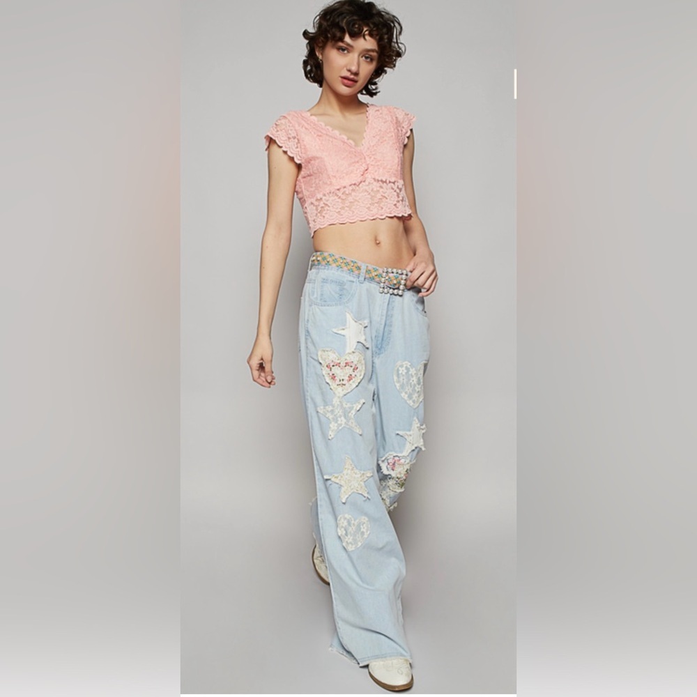 ❤️New POL Women's Jeans w/ Patchwork Heart and Star Design. Small, Medium, Large - Picture 4 of 5